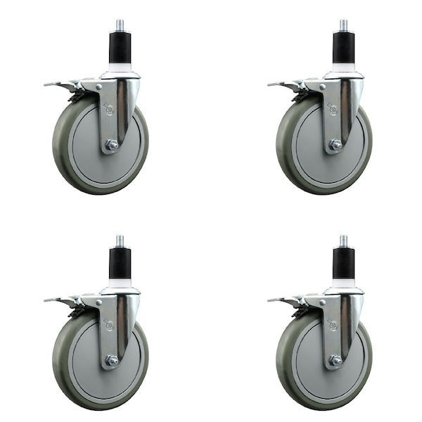 6'' Gray Poly Swivel 1-1/2'' Expanding Stem Caster Set Total Lock Brake, 4PK
